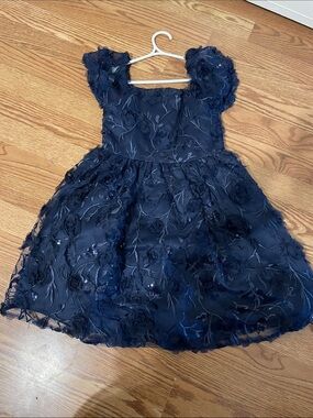 Rare Editions Navy Floral Appliqué Puff Sleeve Dress